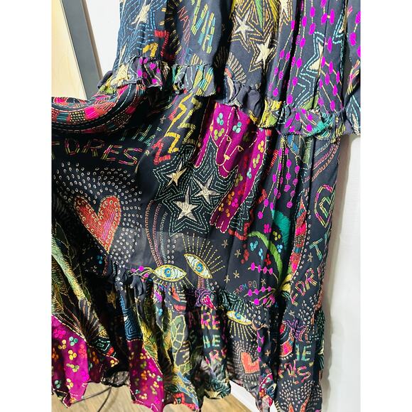 FARM RIO Black Amazonia High Neck Jungle Theme Ruffle Tiers Maxi Dress Size XS - Picture 10 of 16